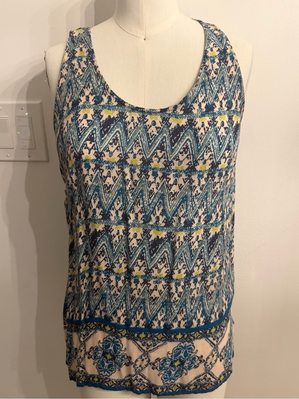 Kenar Blue Patterned Scoop Neck Tank with Yellow Accents